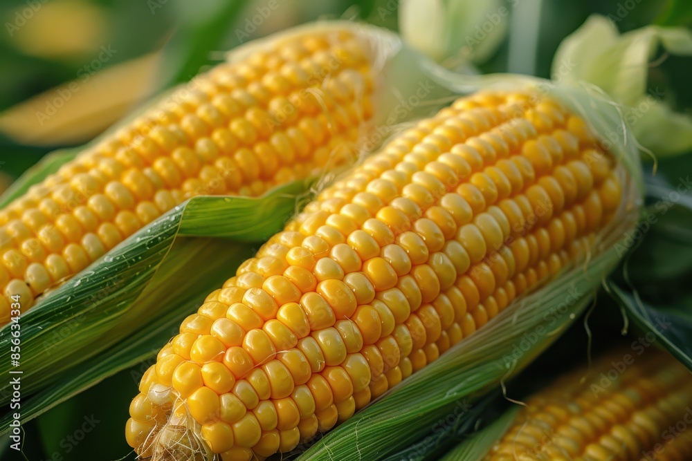 A close-up of a fresh ear of corn, with the husk peeled back to reveal the bright yellow kernels. A close-up of a fresh ear of corn, with the husk peeled back to reveal the bright yellow kernels.