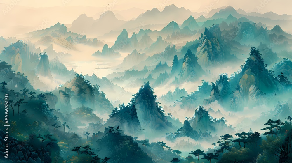 Green hills trees landscape painting illustration poster background Green hills trees landscape painting illustration poster background