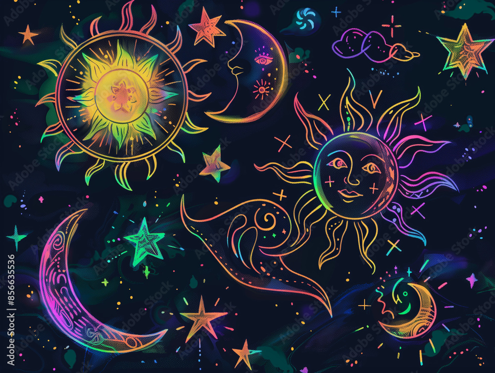 Psychedelic Sun and Moon in Starry Night Sky Psychedelic Sun and Moon in Starry Night Sky
