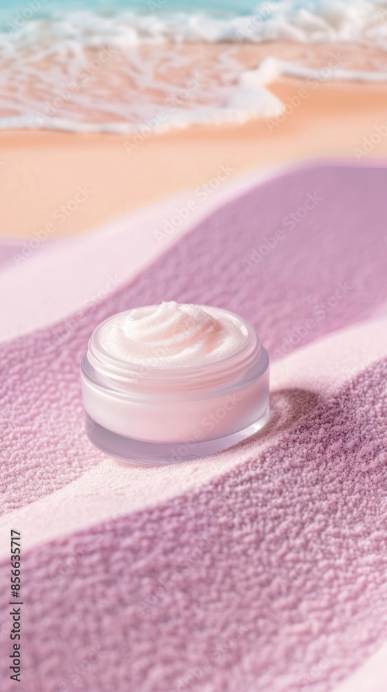 Sunscreen cream and sand shapes on a purple background Sunscreen cream and sand shapes on a purple background