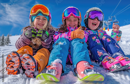 happy young girls in colorful ski , wearing helmets and goggles sitting on the chair at snow hill with blue sky background. © Kien