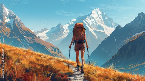A man enjoying a scenic mountain hike, surrounded by breathtaking natural beauty and rugged landscapes photo
