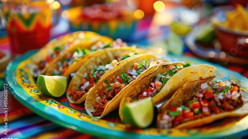 Delicious Mexican tacos with meat, beans and vegetables on a dark background. Close up © masyastadnikova