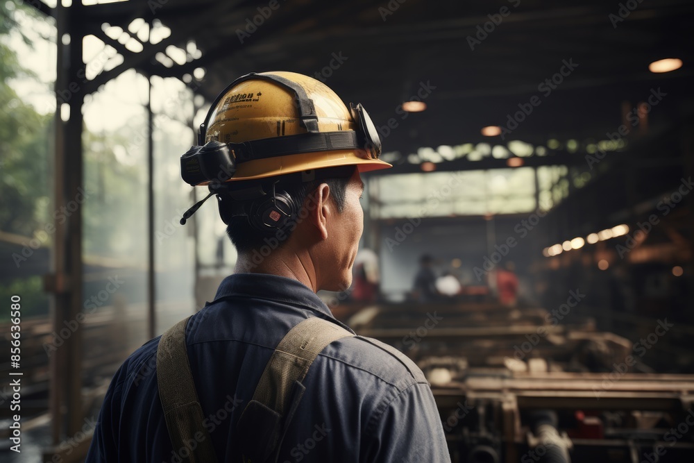 View of a worker operating machinery from the rear to enhance search result relevance View of a worker operating machinery from the rear to enhance search result relevance