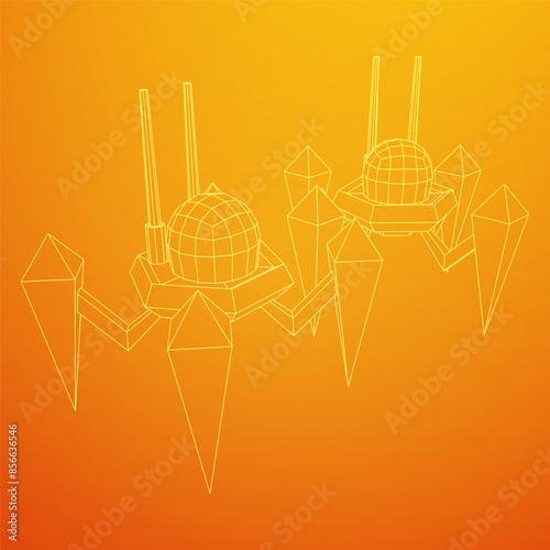 Spider robot with radar antenna. Nanobot, nanotechnology medical concept. Wireframe low poly mesh vector illustration