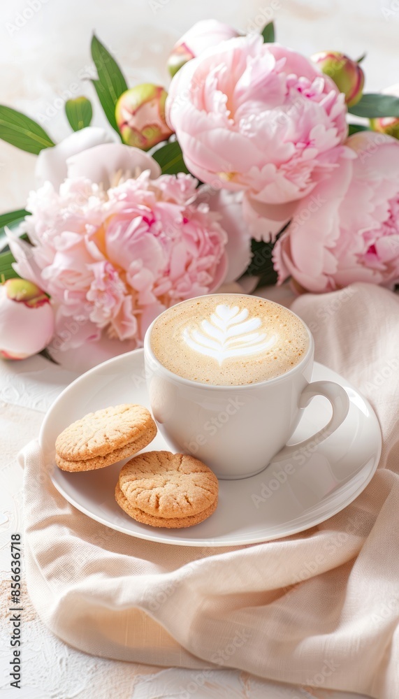 A cup of cappuccino with latte art, two cookies, and pink peonies on a white table. A cup of cappuccino with latte art, two cookies, and pink peonies on a white table.