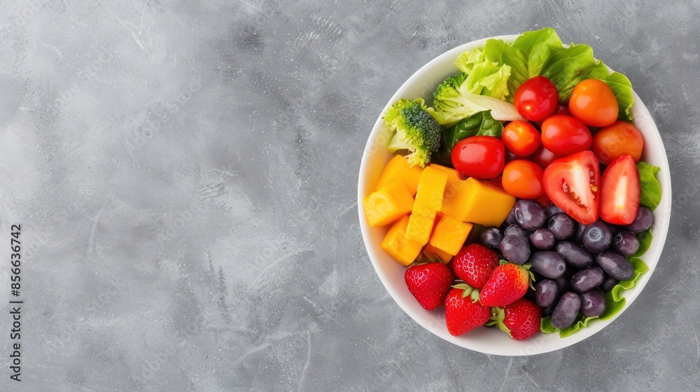 A colorful bowl of fresh fruit and vegetables, including mango, grapes, strawberries, tomatoes, and lettuce. A colorful bowl of fresh fruit and vegetables, including mango, grapes, strawberries, tomatoes, and lettuce.