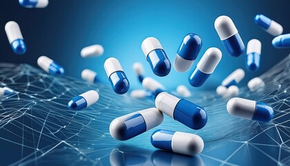 medical capsules antibiotics levitate on a blue background 