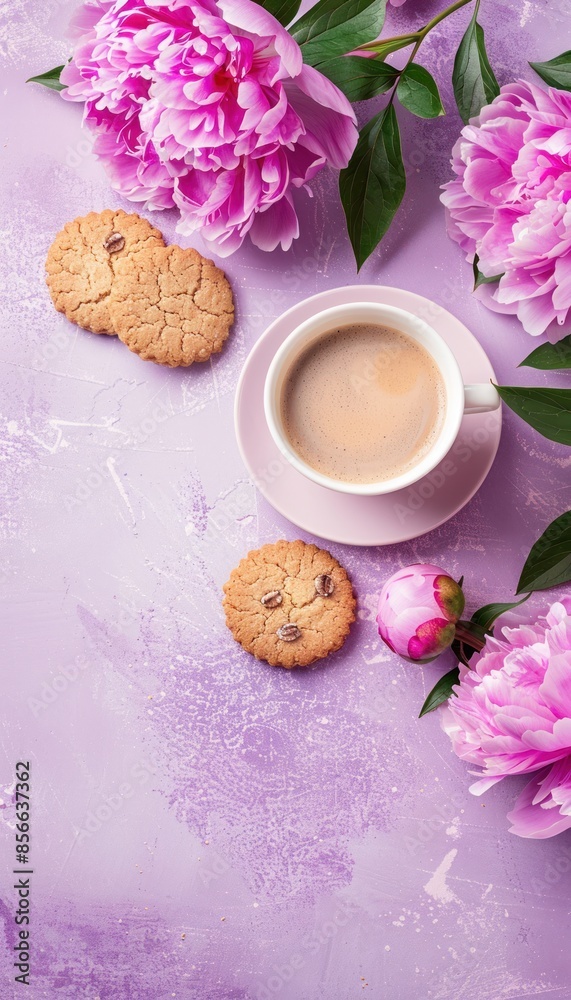 A cup of coffee with milk, cookies and pink peonies on a purple background. A perfect still life for a relaxing morning. A cup of coffee with milk, cookies and pink peonies on a purple background. A perfect still life for a relaxing morning.