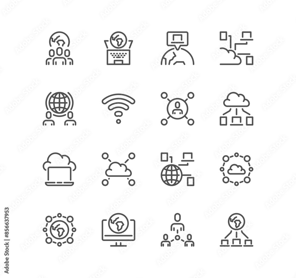Fototapeta premium Set of network related icons, global connection, cloud, development, system data and linear variety vectors. 
