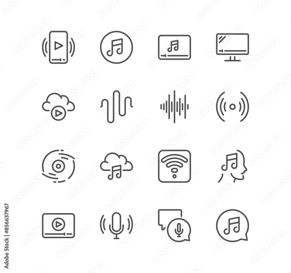 Set of audio and video related icons, cloud music, waveform, file audio, voice, record player, social stream and linear variety vectors. Set of audio and video related icons, cloud music, waveform, file audio, voice, record player, social stream and linear variety vectors.