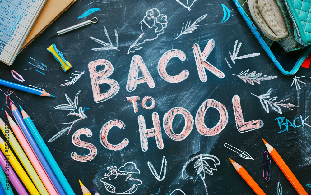 Back to school concept featuring a chalkboard with the words back to school written on it, surrounded by school supplies Back to school concept featuring a chalkboard with the words back to school written on it, surrounded by school supplies