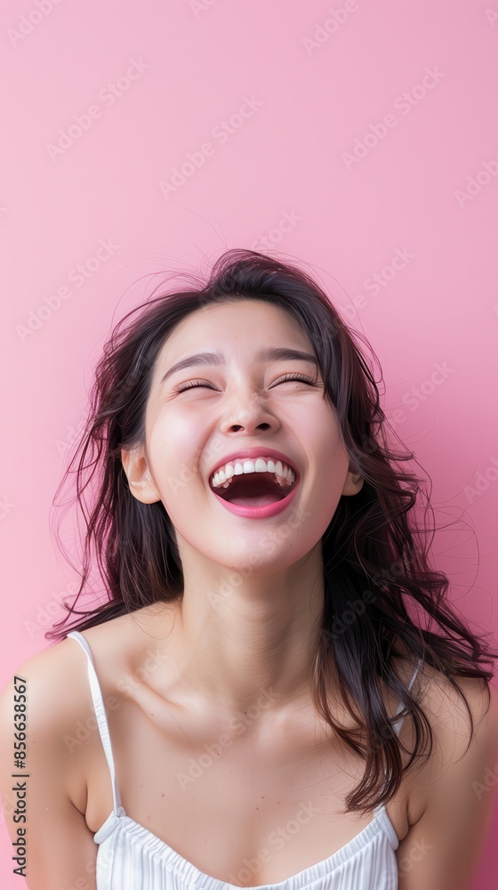 A woman with long black hair laughs in front of a pink backdrop A woman with long black hair laughs in front of a pink backdrop