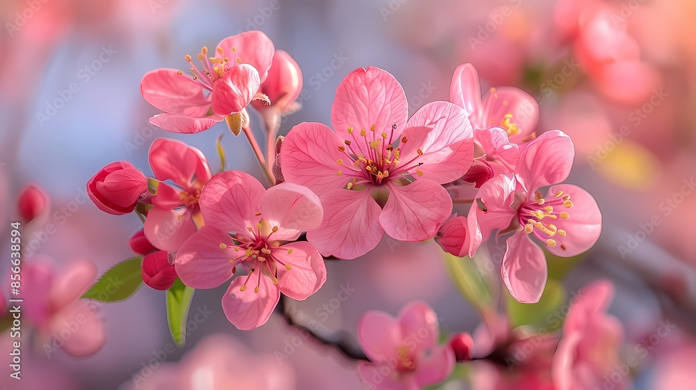 Pink crabapple blossoms flower under blue sky poster background Pink crabapple blossoms flower under blue sky poster background