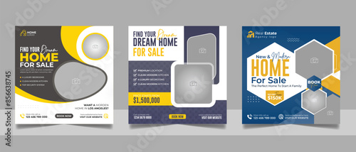 Real estate agency house property sale social media post residential apartment buy square poster flyer and web banner template set