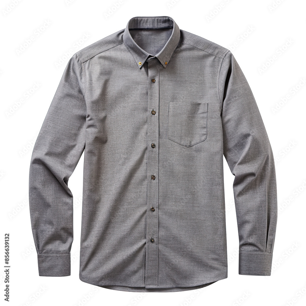 A gray, long-sleeve, formal shirt with a button-down collar and a single chest pocket. Generative AI A gray, long-sleeve, formal shirt with a button-down collar and a single chest pocket. Generative AI