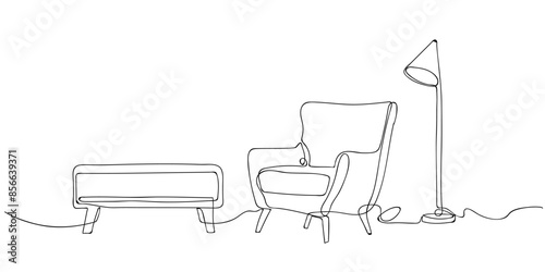 Continuous one line drawing armchair, nightstand and lamp. Living room interior in loft apartment. Modern furniture in simple Linear style. Doodle vector illustration