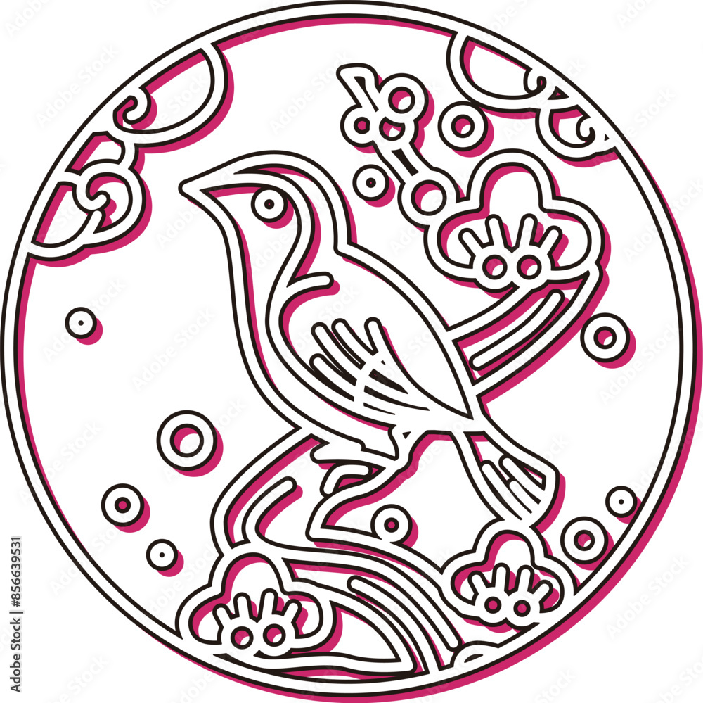 Fototapeta premium カラーシャドウの円形シンプル花札 鶯 如月 梅 2月 梅に鶯