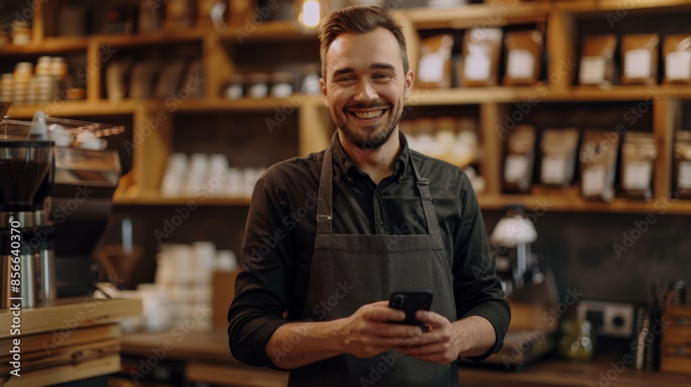 The barista with a phone. The barista with a phone.
