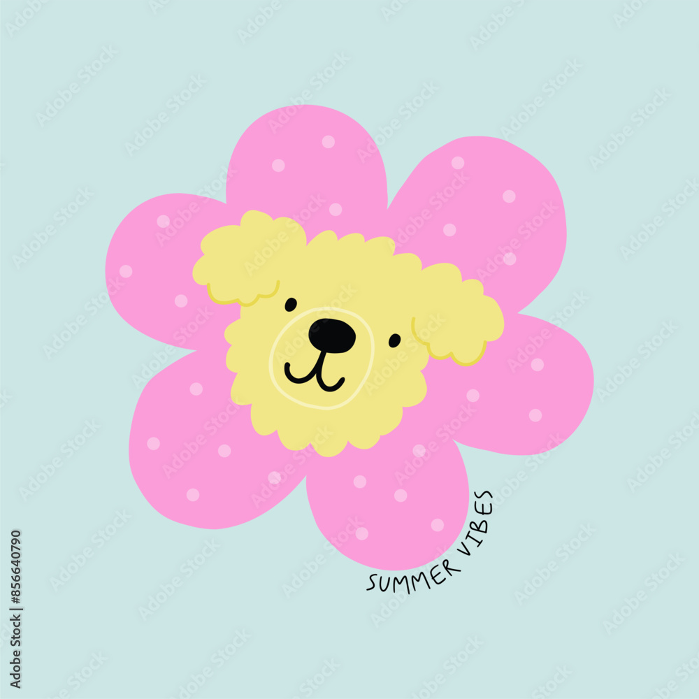 Fototapeta premium Cute Playful Dog and flower. Cute puppies. Funny pets, animals. Flat vector illustration
