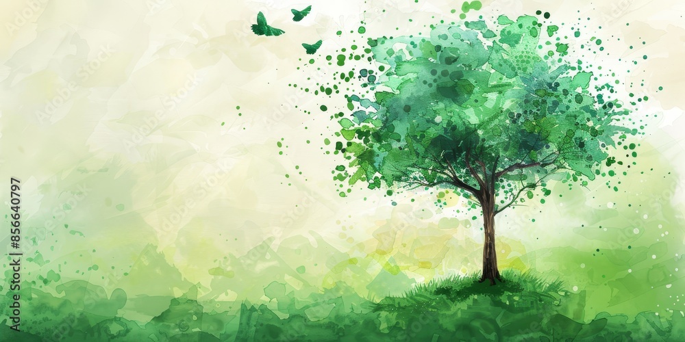 The watercolor painting shows a lonely tree in the middle of a green field The watercolor painting shows a lonely tree in the middle of a green field
