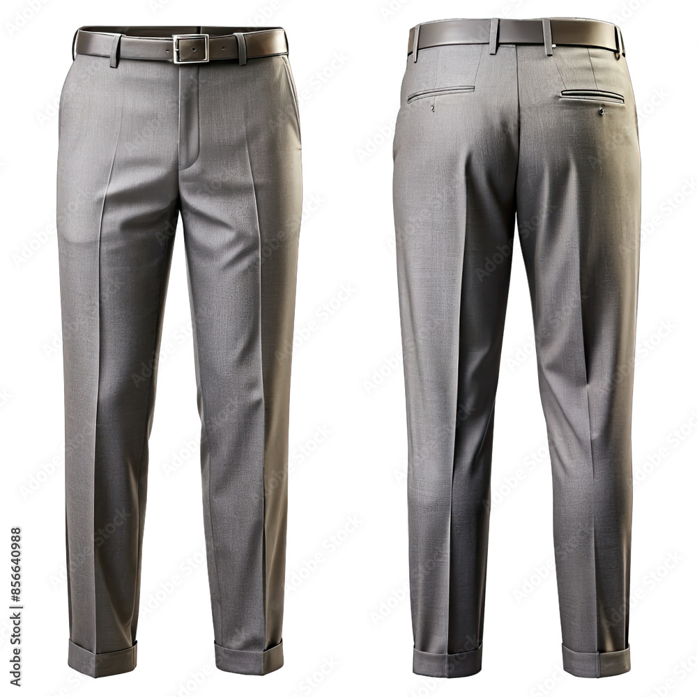 A pair of formal mens gray dress pants, displayed in a studio setting, showing both the front and back views. Generative AI A pair of formal mens gray dress pants, displayed in a studio setting, showing both the front and back views. Generative AI