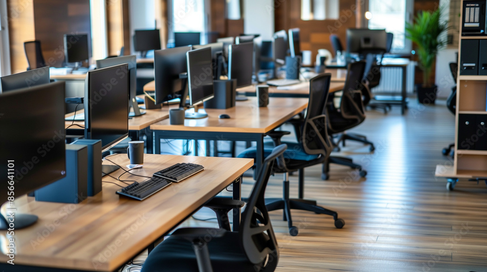 The modern open-plan office boasts a clean, organized layout. The workspace includes rows of individual desks, each equipped with computers and ergonomic office chairs. The modern open-plan office boasts a clean, organized layout. The workspace includes rows of individual desks, each equipped with computers and ergonomic office chairs.