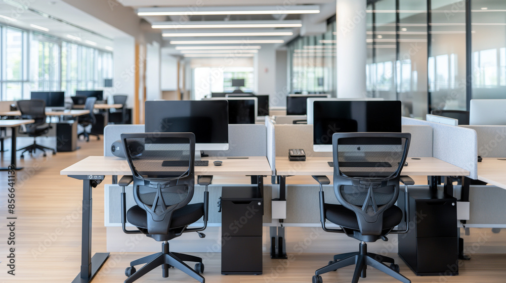 The modern open-plan office boasts a clean, organized layout. The workspace includes rows of individual desks, each equipped with computers and ergonomic office chairs.