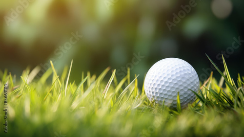 Golfer preparing to make a shot with golf ball in the grass near the green.