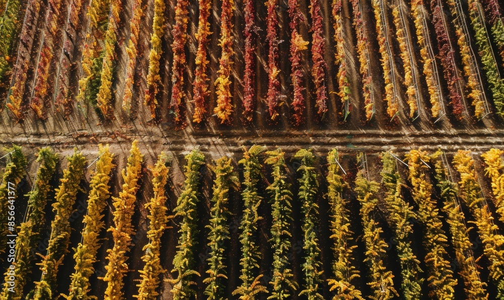 Obraz premium A stunning aerial view of a vineyard in full harvest season, showcasing rows of lush green grapevines under a clear blue sky