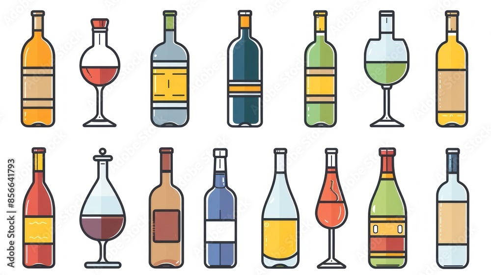 Collection of Wine Bottles and Glasses in Cartoon Style Collection of Wine Bottles and Glasses in Cartoon Style