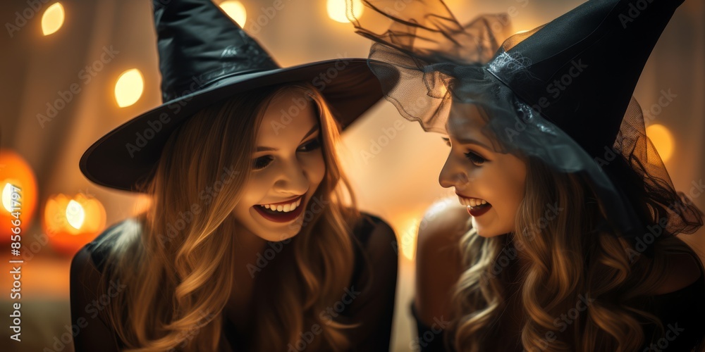 Two young women dressed in Halloween witch costumes with black hats, smiling and enjoying the festive atmosphere with glowing lights in the background