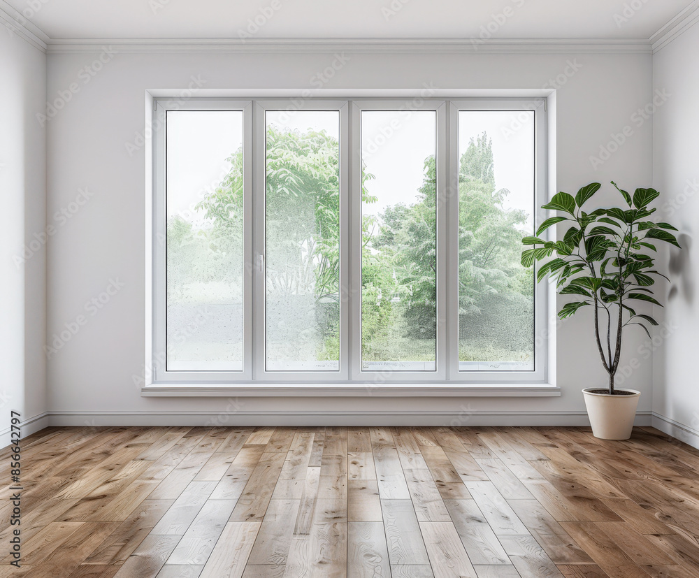Fototapeta premium Window filling an empty apartment room with natural lighting. Residential interior design composition with copy space for an ad.
