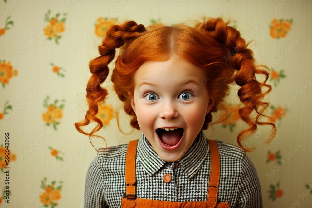 Girl playfully holds pigtails and makes funny faces, showcasing playful expressions