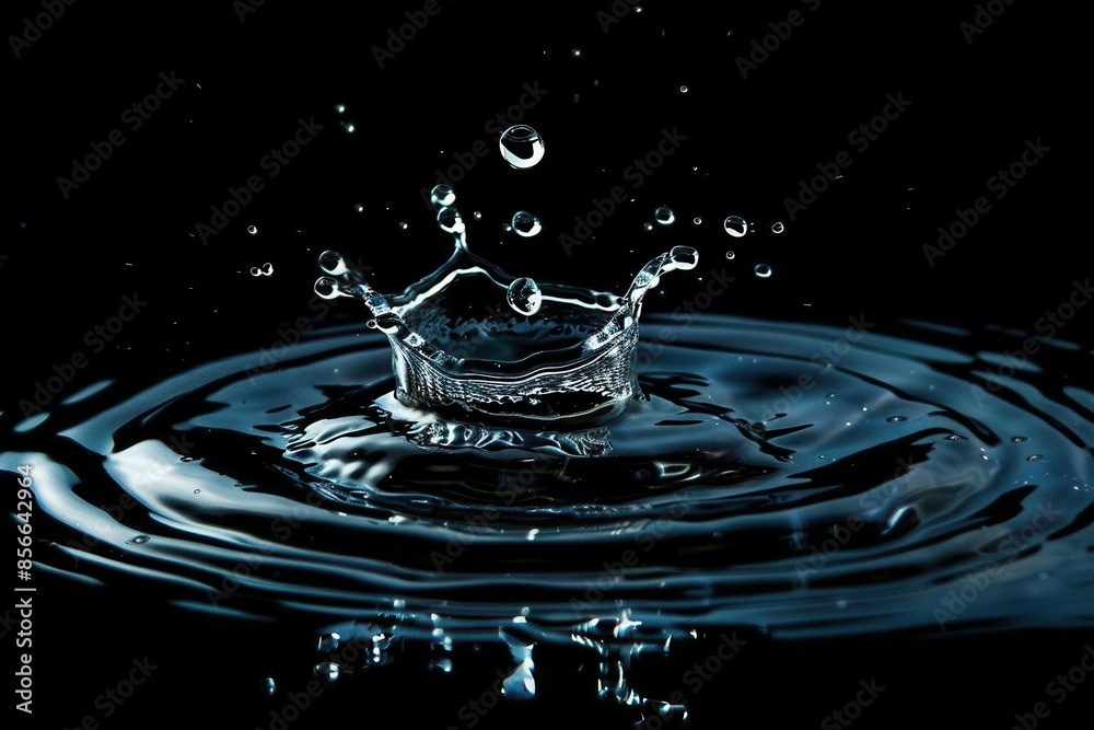 macro shot of water droplet collision with ripples and splashes on ...