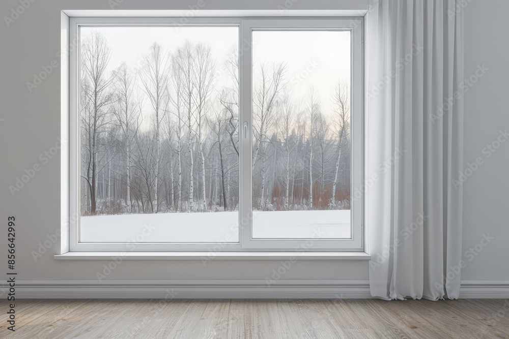 Window filling an empty apartment room with natural lighting. Residential interior design composition with copy space for an ad.