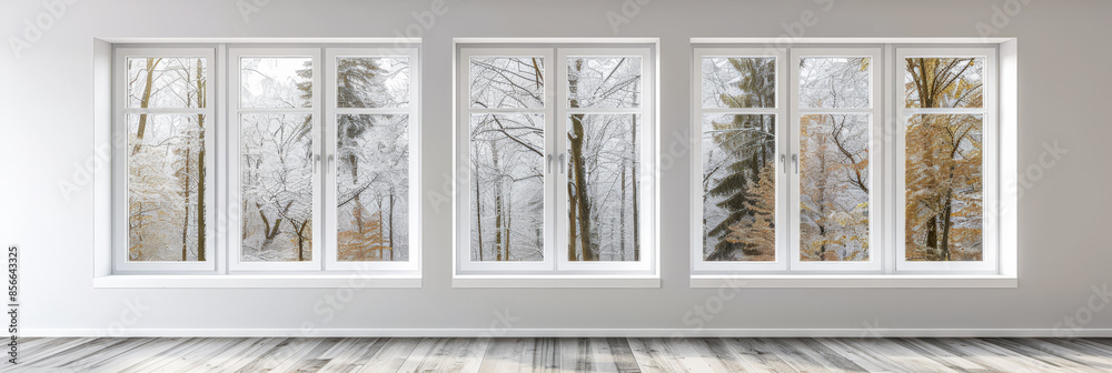 Obraz premium Window filling an empty apartment room with natural lighting. Residential interior design composition with copy space for an ad.