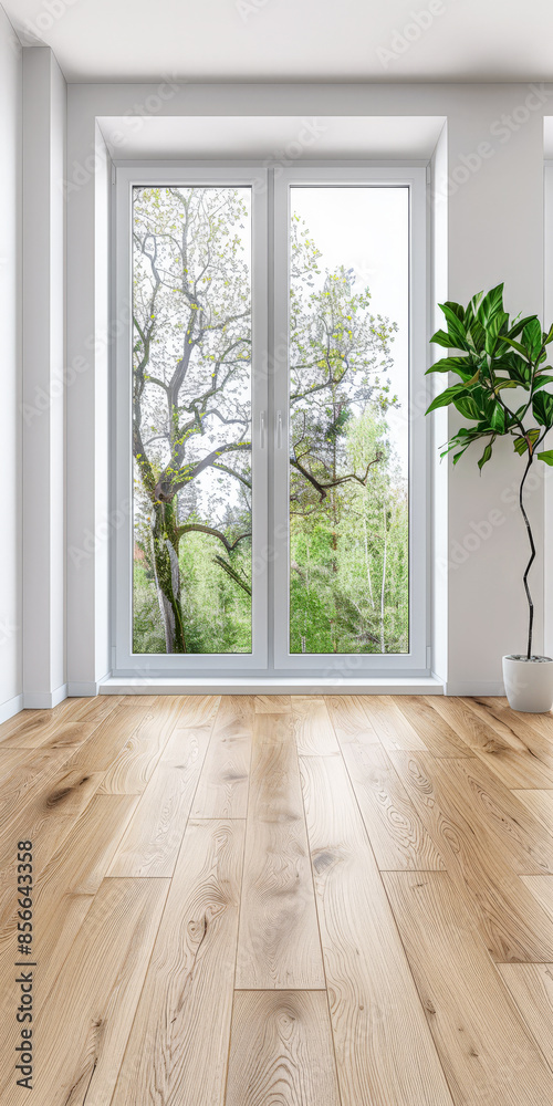 Obraz premium Window filling an empty apartment room with natural lighting. Residential interior design composition with copy space for an ad.
