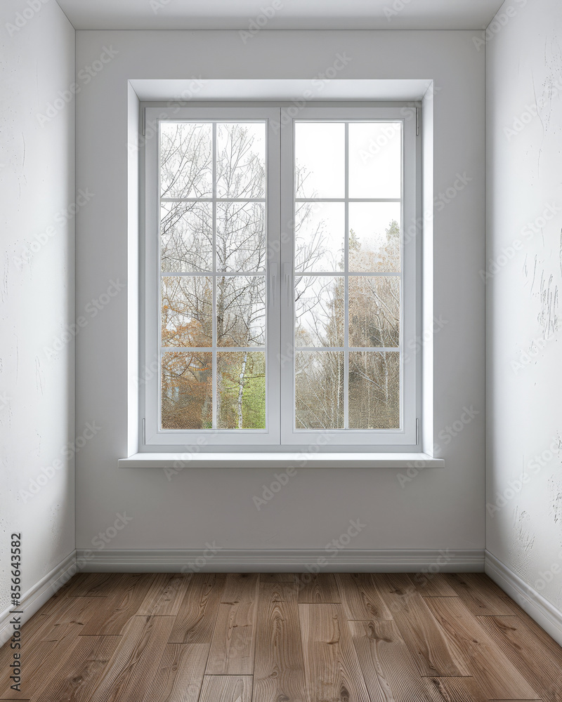 Fototapeta premium Window filling an empty apartment room with natural lighting. Residential interior design composition with copy space for an ad.