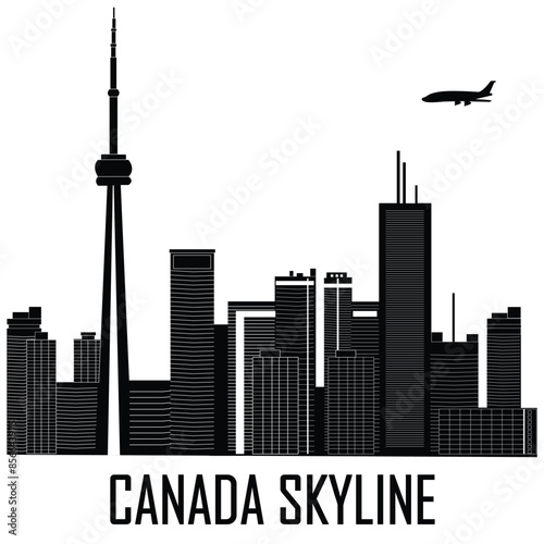 Silhouettes of Canada Skyline, aeroplane. Canada cityscape, Canada skyscraper buildings vector silhouette. Perfect for the designs of independence day of Canada. Editable. Royalty free. EPS 10.