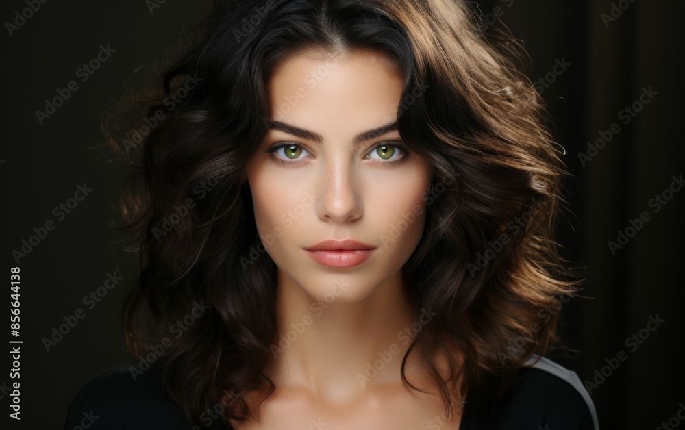 Fototapeta premium A woman with long brown hair and green eyes. She is wearing a black shirt and has a serious expression on her face