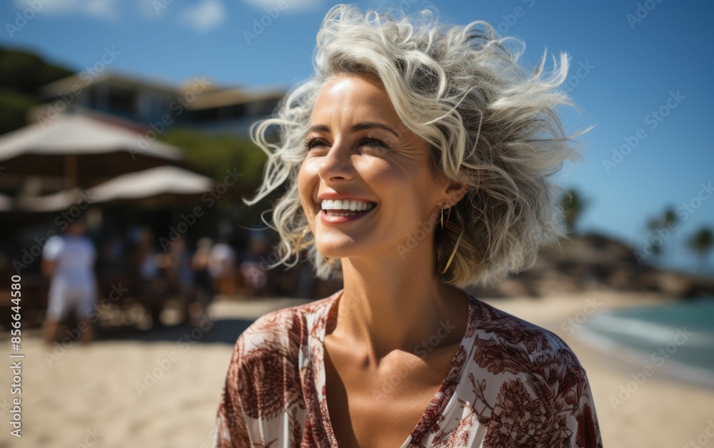 A woman with blonde hair and a smile is standing on a beach. She is wearing a floral dress and has her hair blowing in the wind A woman with blonde hair and a smile is standing on a beach. She is wearing a floral dress and has her hair blowing in the wind