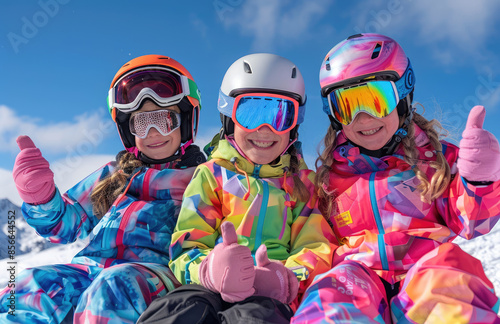 happy young girls in colorful ski , wearing helmets and goggles sitting on the chair at snow hill with blue sky background.