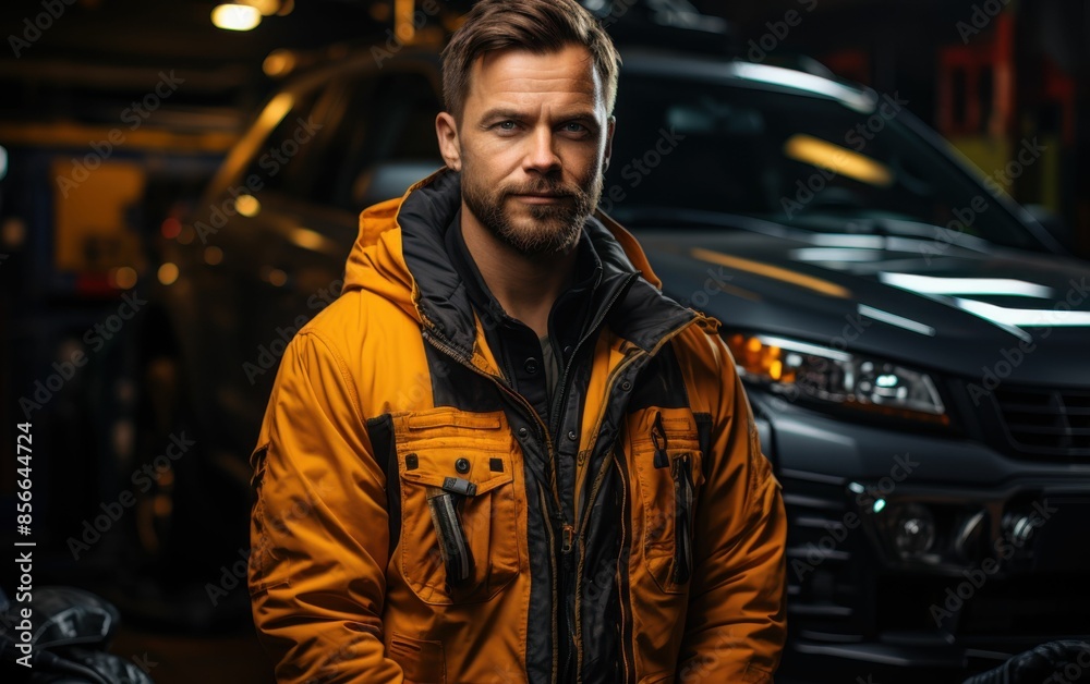 A man in a yellow jacket stands in front of a grey car