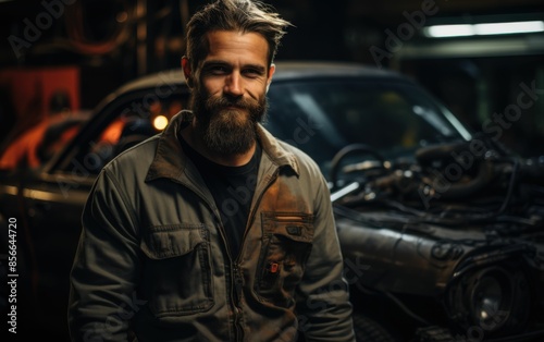 A man with a beard stands in front of a car. He is wearing a grey jacket and a black shirt © imagineRbc