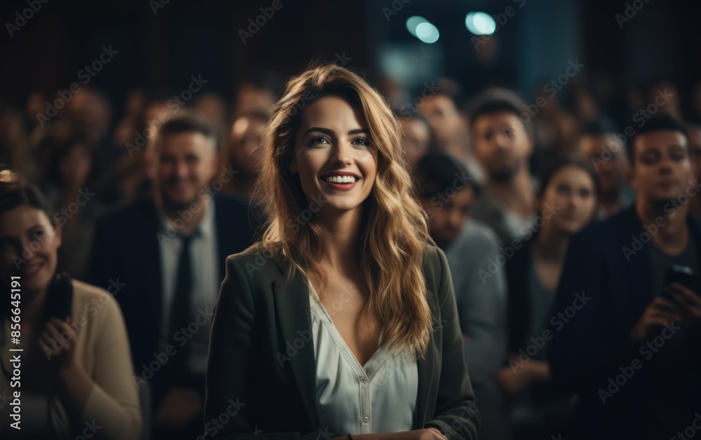 A woman is smiling at a crowd of people. Scene is happy and positive A woman is smiling at a crowd of people. Scene is happy and positive