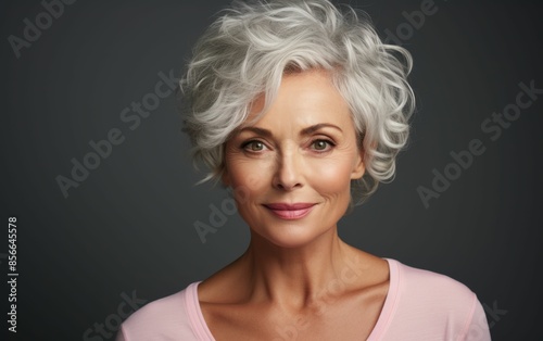 A woman with short gray hair and a pink shirt. She is smiling and looking at the camera