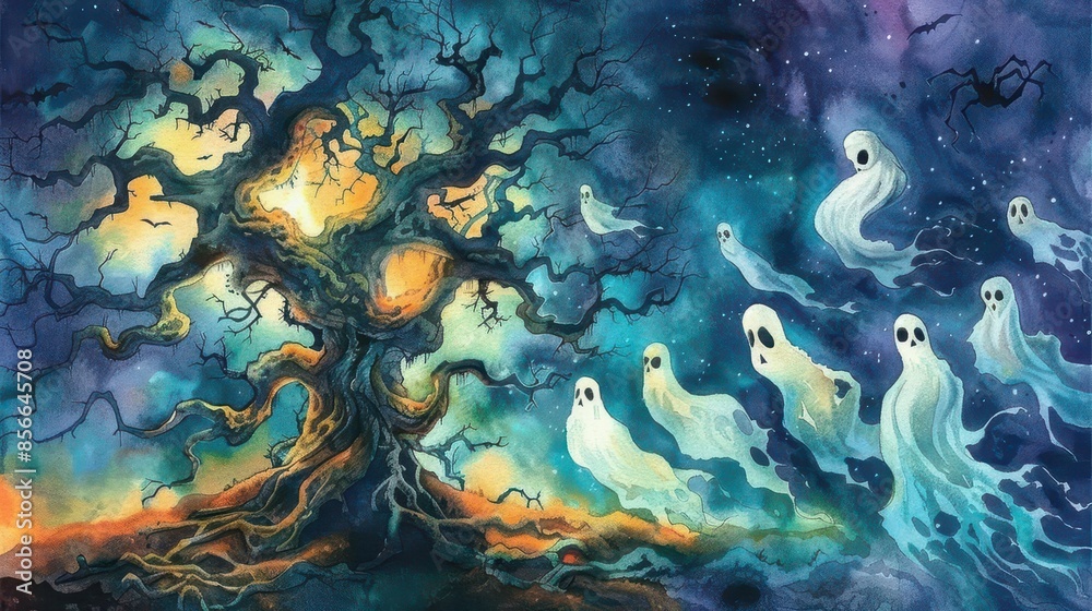 Ghosts swirling around a spooky old tree in watercolor, Halloween tee, eerie and mysterious Ghosts swirling around a spooky old tree in watercolor, Halloween tee, eerie and mysterious