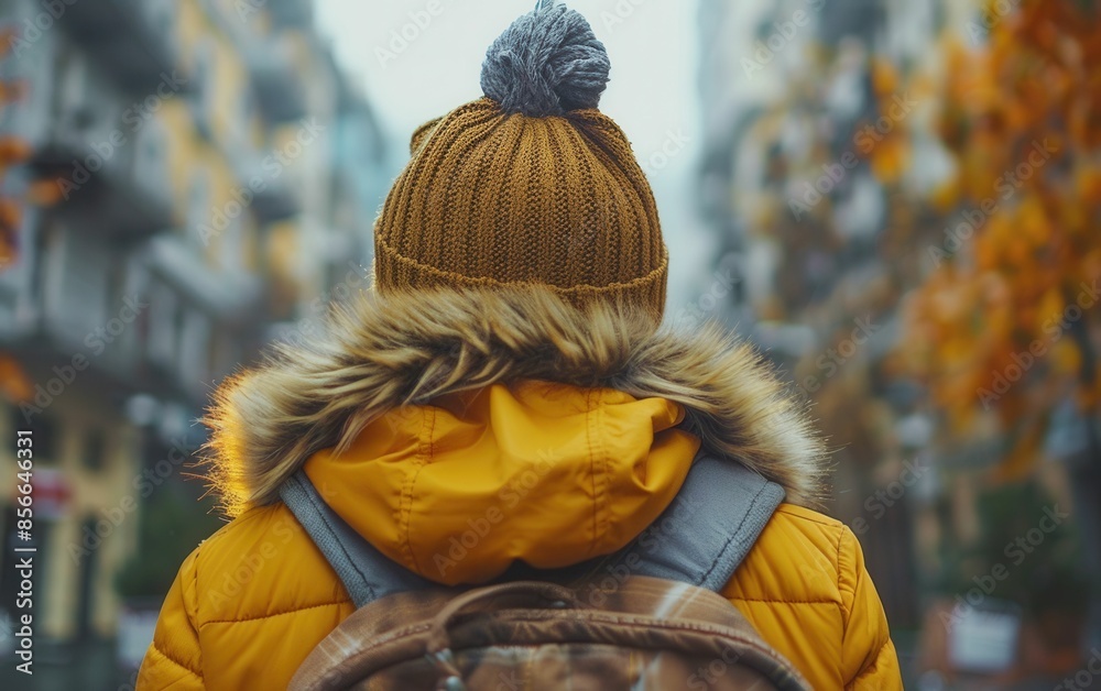 A person wearing a yellow jacket and a brown backpack is standing in front of a building. Concept of warmth and comfort, as the person is dressed for cold weather A person wearing a yellow jacket and a brown backpack is standing in front of a building. Concept of warmth and comfort, as the person is dressed for cold weather