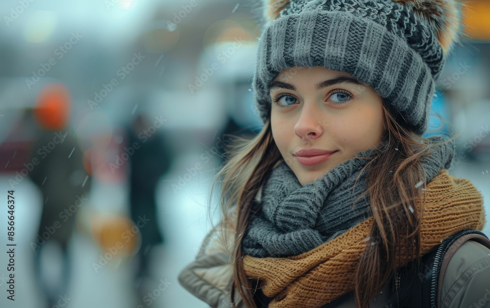 A woman wearing a gray hat and scarf is smiling. She is standing in the snow with other people around her A woman wearing a gray hat and scarf is smiling. She is standing in the snow with other people around her